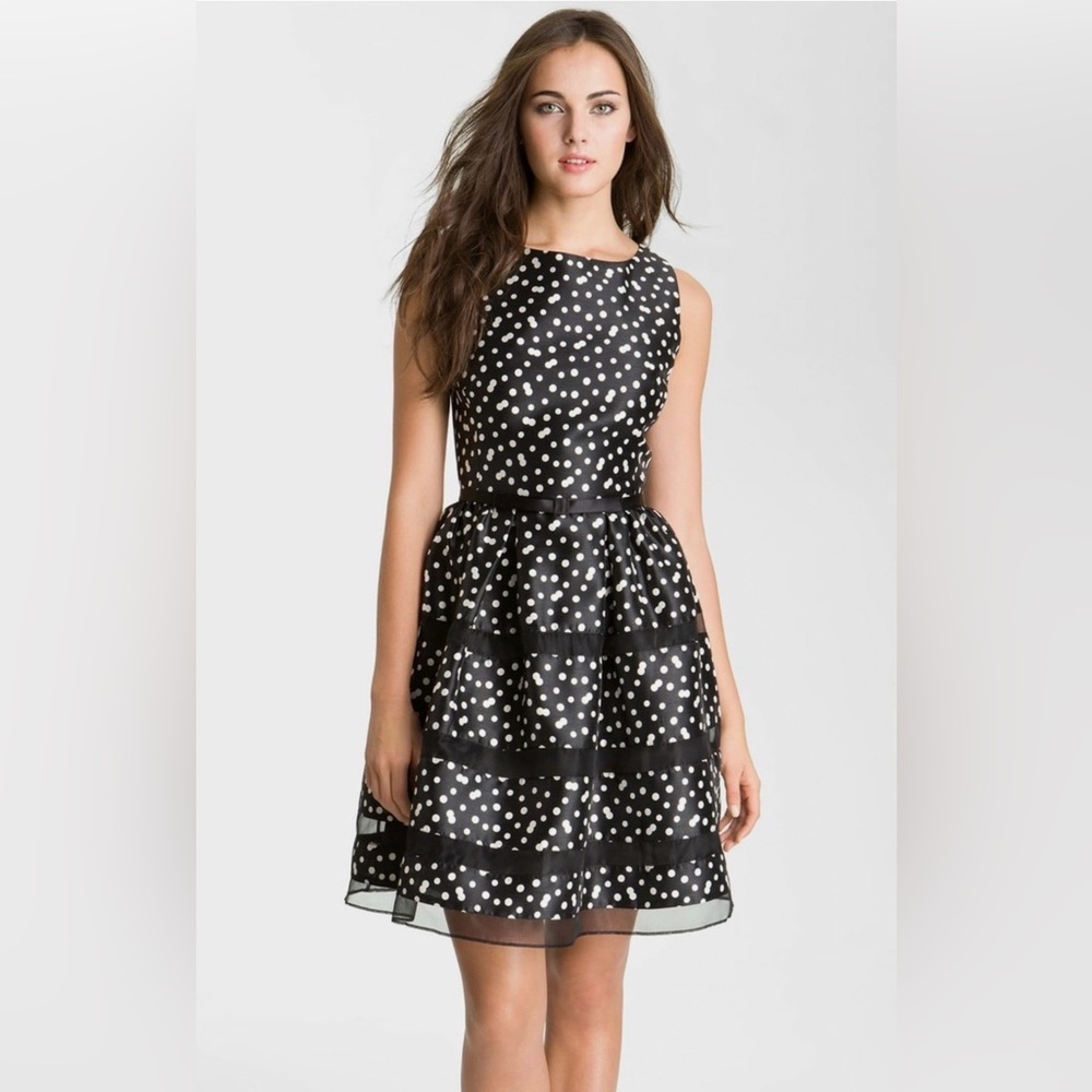 Taylor - Women’s Fit and Flare Black and White Polka Dress